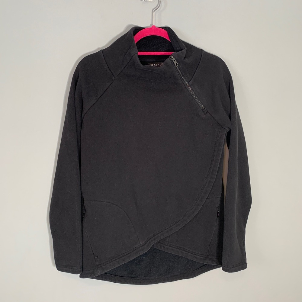 Athleta Womens Black Fleece Asymmetric Zip Tulip Hem Pullover‎ Sweatshirt XS